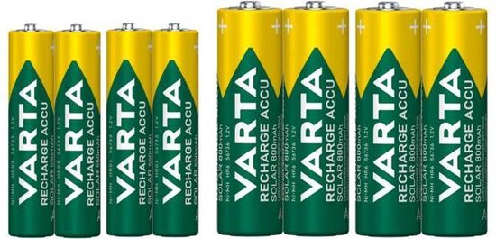 Set van acht Varta Recharge Accu Solar batterijen, vier AAA en vier AA.