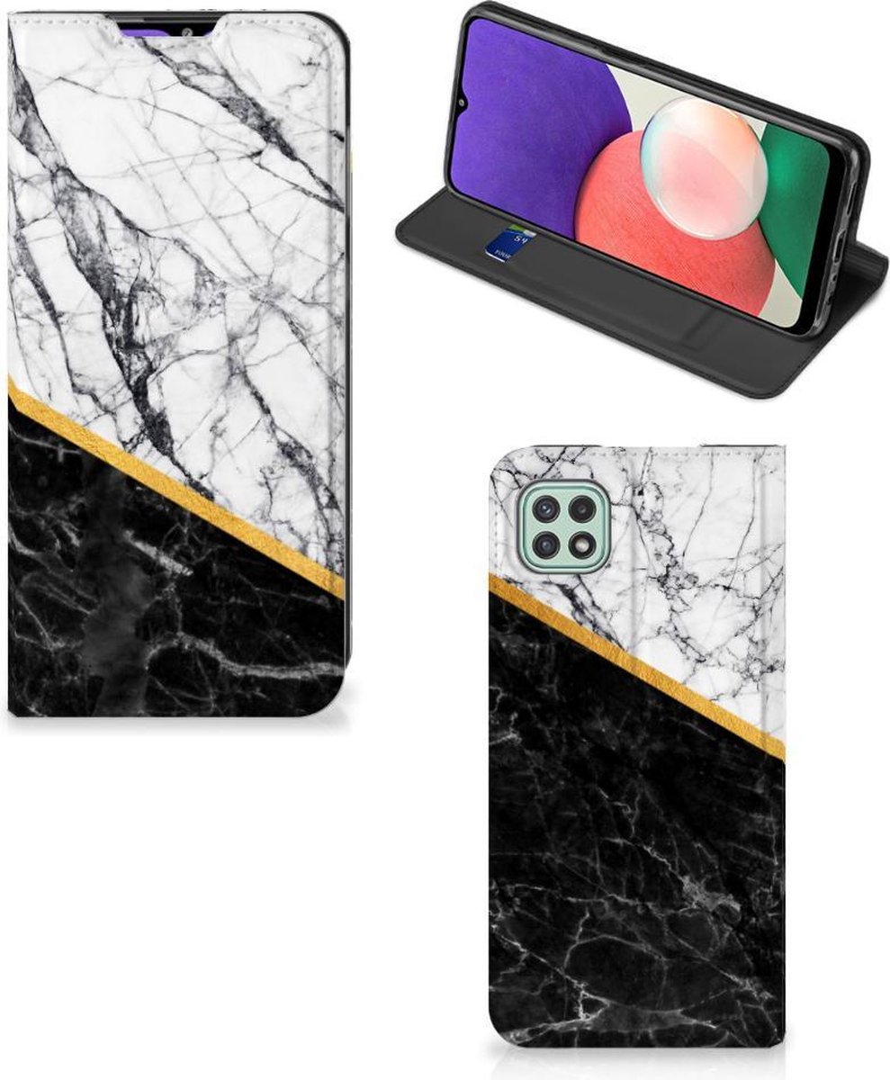 Samsung Galaxy A22 5G Standcase Marmer Wit Zwart - Origineel Cadeau Man