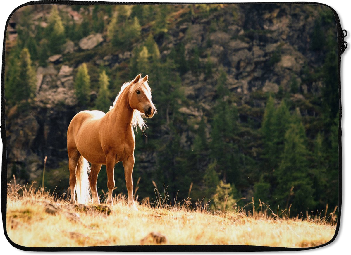Laptophoes 14 inch - Haflinger paard in de bergen - Laptop sleeve - Binnenmaat 33x23 cm - Zwarte achterkant