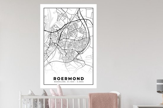 Stickers muraux - Film autocollant - Carte - Roermond - Zwart - Wit - 80x120 cm - Film adhésif - Stickers muraux Chambre d'enfant - Papier peint autocollant - Papier peint autocollant - Film autocollant