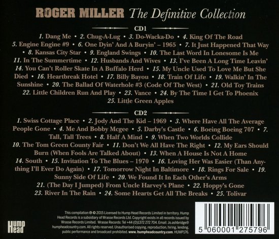 Albumhoes met de tekst "ROGER MILLER The Definitive Collection" en lijsten van nummers op CD1 en CD2.