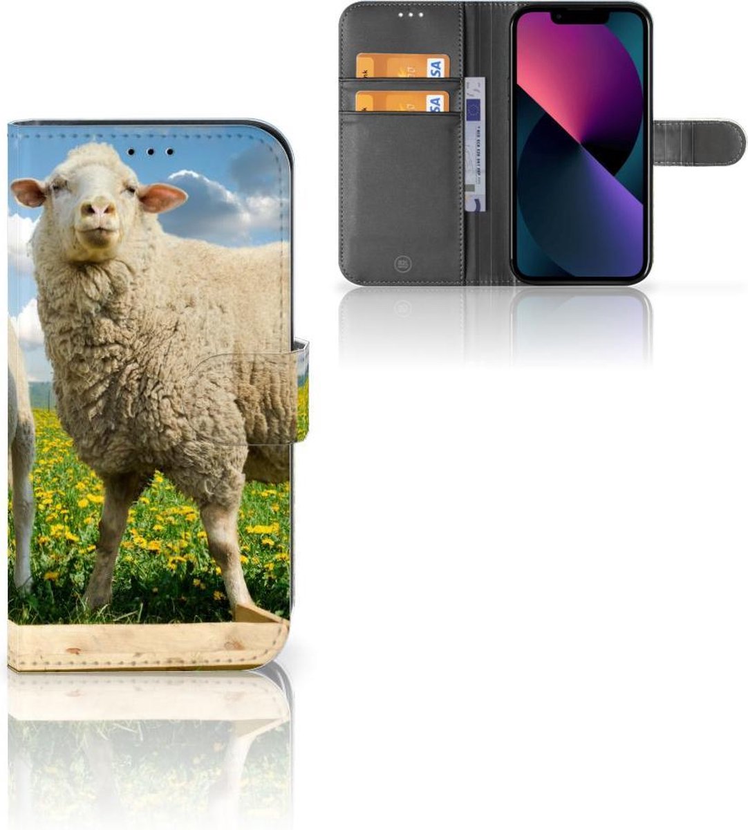 Apple iPhone 13 Telefoonhoesje met Pasjes Schaap en Lammetje