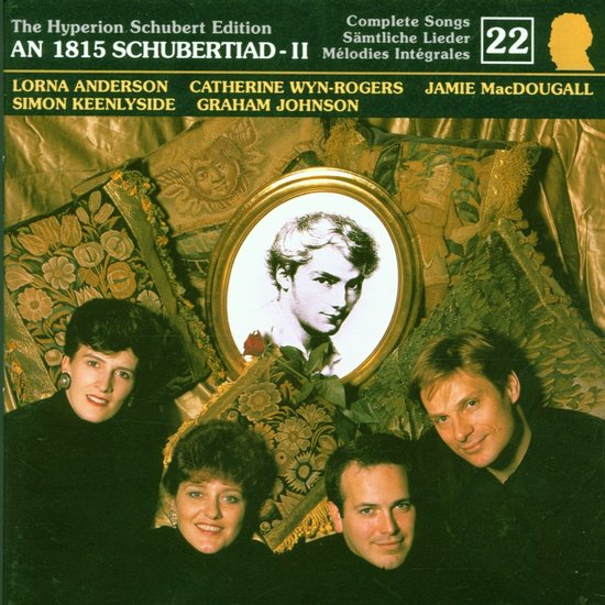 CD hoes met vier zangers rond een portret van Schubert. Gedateerde, gedrapeerde achtergrond.