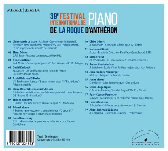 Festival poster: 39e Festival International de Piano, De La Roque D'Anthéron. Lijst van artiesten en partituren. Barcode onderaan.