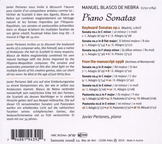 Bladmuziek voor "Piano Sonatas" van Blasco de Nebra, met Javier Perianes' naam.