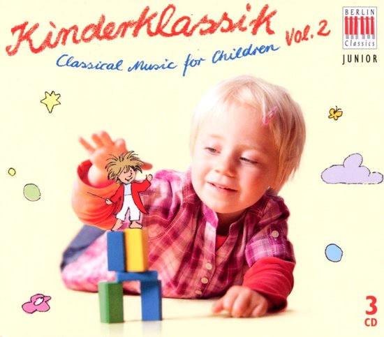 Een jong meisje met blond haar, in een roze geruit shirt, speelt met blokken en een tekenfilmfiguur. "Kinderklassik Vol. 2 Classical Music for Children" staat bovenin.