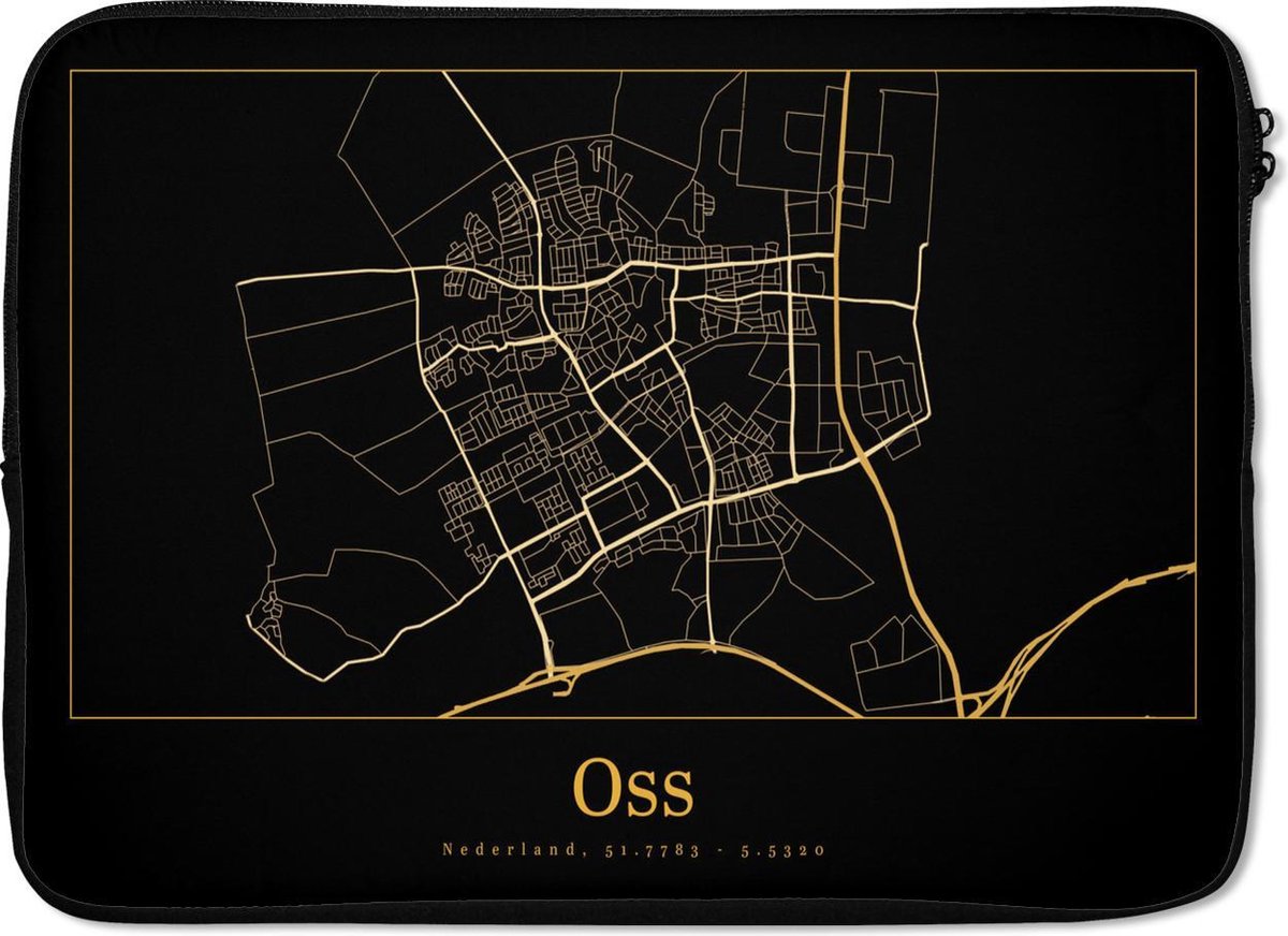 Laptophoes 14 inch - Kaart - Oss - Goud - Zwart - Laptop sleeve - Binnenmaat 33x23 cm - Zwarte achterkant
