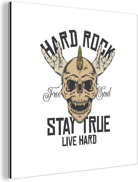 Wanddecoratie Metaal - Aluminium Schilderij Industrieel - Vintage - 'Hard rock stay true live hard' - Spreuken - Quotes - 20x20 cm - Dibond - Foto op aluminium - Industriële muurdecoratie - Voor de woonkamer/slaapkamer