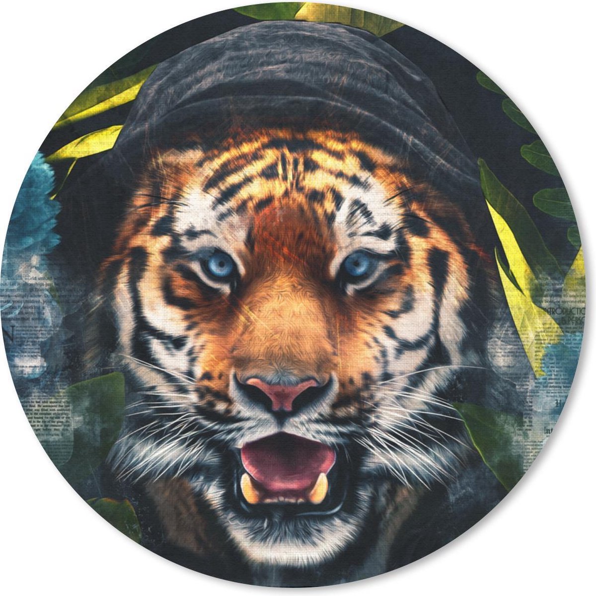 Muismat rond 20x20 cm - Mousepad Tijger - Bloemen - Blauw - Ronde muismatten