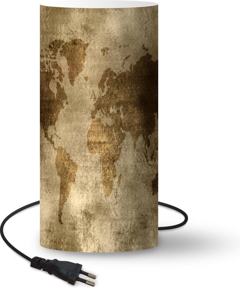 Lamp - Nachtlampje - Tafellamp slaapkamer - Wereldkaart - Antiek - Bruin - 54 cm hoog - Ø24.8 cm - Inclusief LED lamp