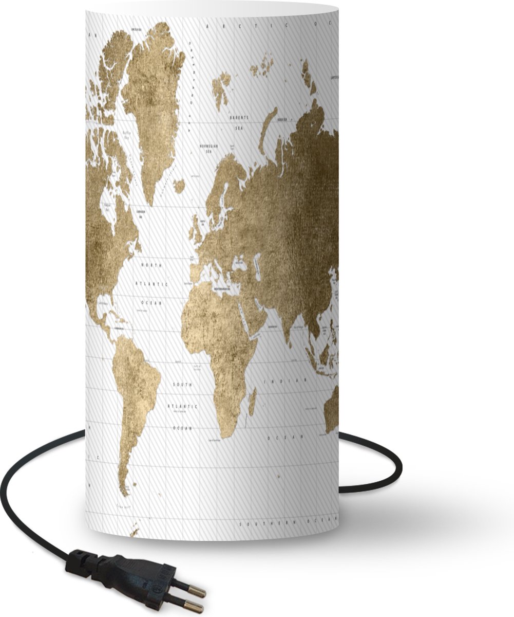 Lamp - Nachtlampje - Tafellamp slaapkamer - Wereldkaart - Goud - Glitter - 33 cm hoog - Ø15.9 cm - Inclusief LED lamp