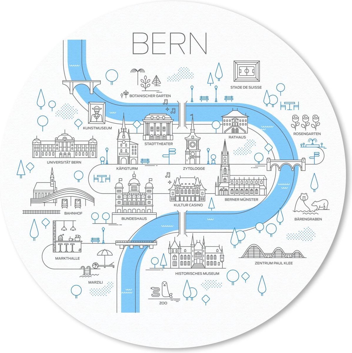 Muismat rond 50x50 cm - Mousepad Kaart - Bern - Illustratie - Simpel - Ronde muismatten