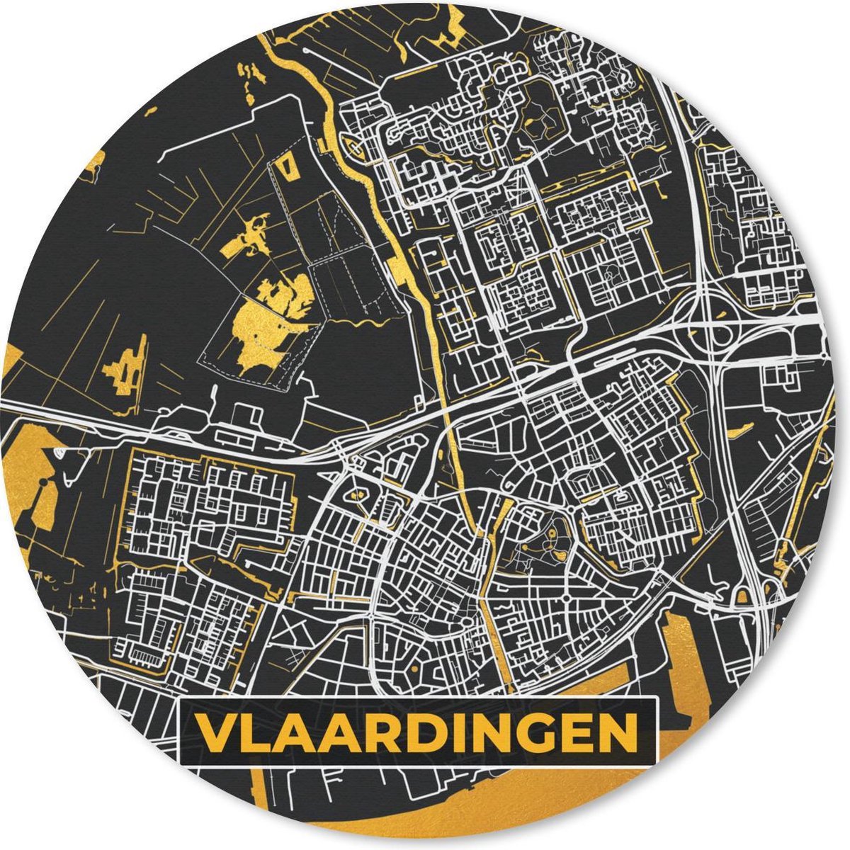 Muismat rond 50x50 cm - Mousepad Plattegrond - Vlaardingen - Goud - Zwart - Ronde muismatten - Stadskaart