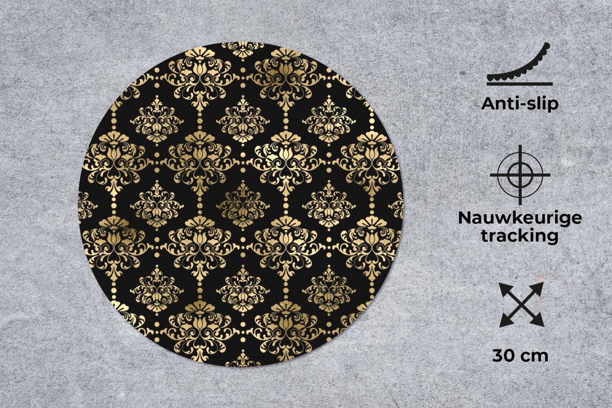 Muismat rond 30x30 cm - Mousepad Patronen - Barok - Goud - Zwart - Ronde muismatten