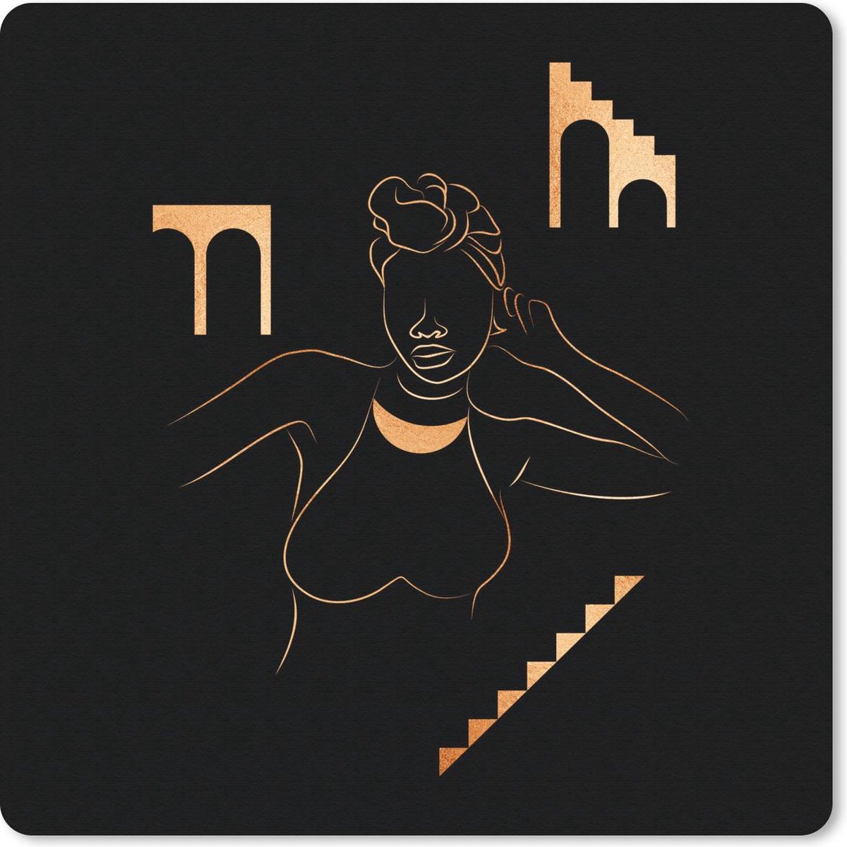 Muismat 20x20 cm - Mousepad Vrouw - Goud - Zwart - Line art - Muismatten