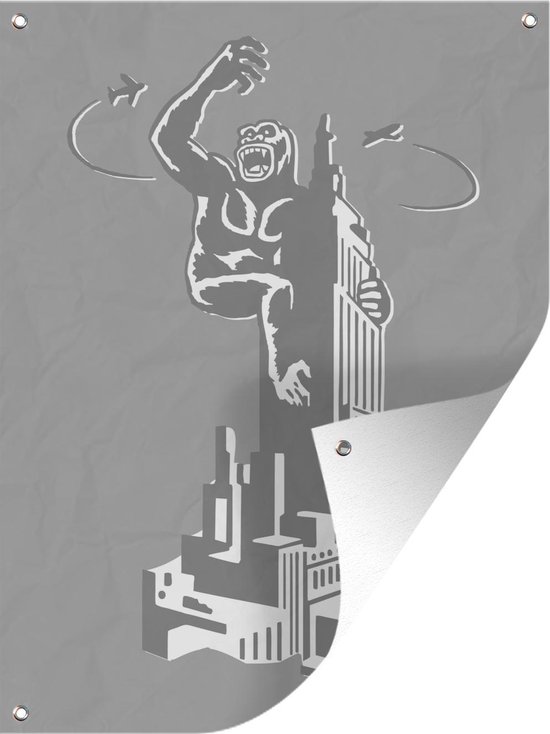Tuin decoratie Een illustratie van King Kong op het Empire State Building - zwart wit - 30x40 cm - Tuindoek - Buitenposter