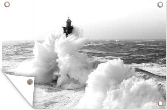 Tuinposters buiten De Franse Vuurtoren van la Jument in een storm - zwart wit - 90x60 cm - Tuindoek - Buitenposter