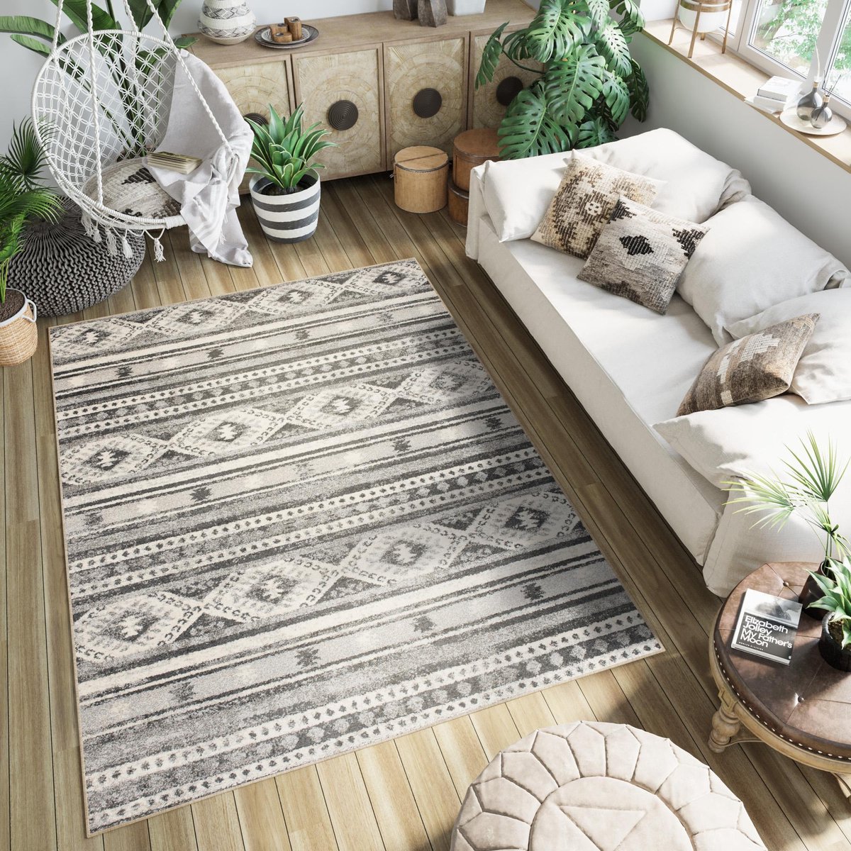 Tapiso Ethno Vloerkleed Woonkamer Slaapkamer Antraciet Vintage Abstract Driehoek Lijnen Sfeervol Design Woonsfeer Duurzaam Hoogwaardig Tapijt Maat - 80x150 Antraciet Creme3
