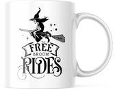 Halloween Mok met tekst: Free broom rides | Halloween Decoratie | Grappige Cadeaus | Koffiemok | Koffiebeker | Theemok | Theebeker