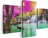 Artaza Canvas Schilderij Drieluik Waterval Met Groen Water En Roze Bladeren - 90x60 - Foto Op Canvas - Canvas Print