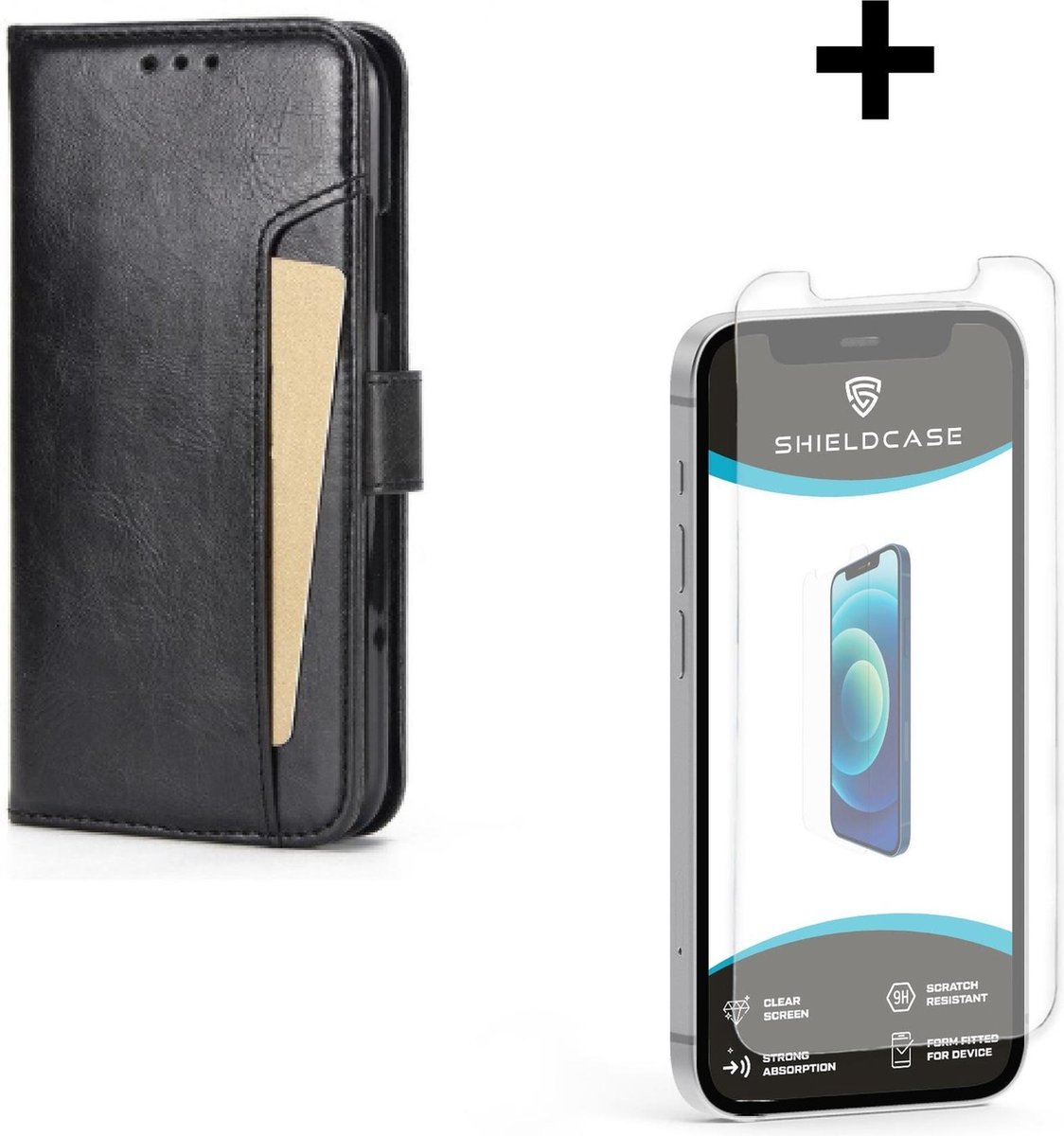 ShieldCase geschikt voor Apple iPhone 12 Mini - 5.4 inch Extra space book case - zwart + glazen Screen Protector