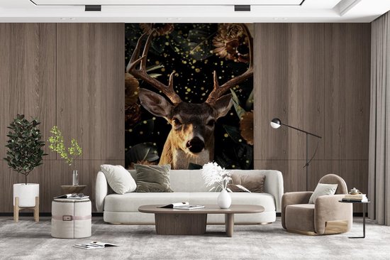 Papier peint - Papier peint photo Cerf - Fleurs - Or - Largeur 180 cm x hauteur 280 cm