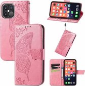Butterfly Love Flower reliëf horizontale flip lederen tas met beugel / kaartsleuf / portemonnee / lanyard voor iPhone 13 Pro Max (roze)