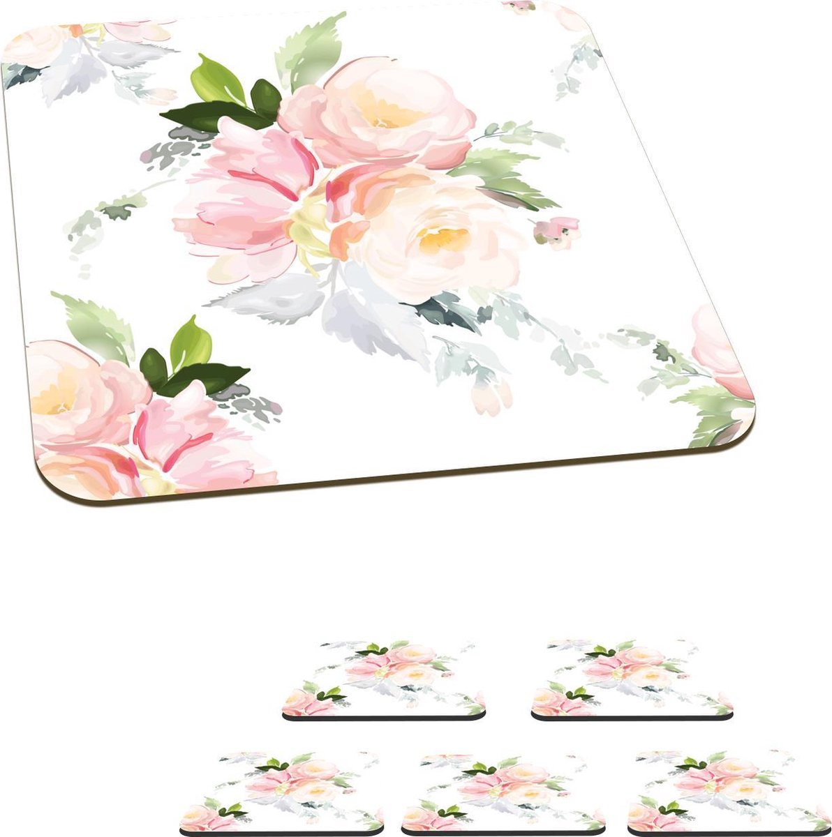 Onderzetters voor glazen - Rozen - Waterverf - Wit - 10x10 cm - Glasonderzetters - 6 stuks