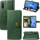 Voor Sony Xperia 10 III Effen Kleur Lederen Gesp Telefoon Case met Lanyard & Fotolijst & Kaartsleuf & Portemonnee & Stand Functie (Groen)