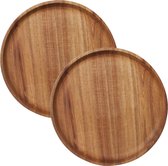 2x stuks kaarsenborden/kaarsenplateaus bruin hout rond D22 cm - Dienbladen met opstaande rand van 2 cm.
