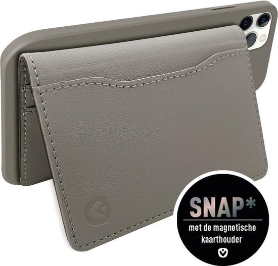 Coque de téléphone grise avec porte-cartes magnétique, avec le texte 'SNAP* avec le porte-cartes magnétique'.