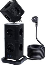 Stekkerdoos - Zinaps Power Strip 15-Way Socket Tower (2500W / 10A) met 3 USB-oplaadpoorten (USB-A, USB-C) en 2.0 m-kabel (5V / 4.5 A), gestapelde multifunctionele socket-overspanningsbeveilig