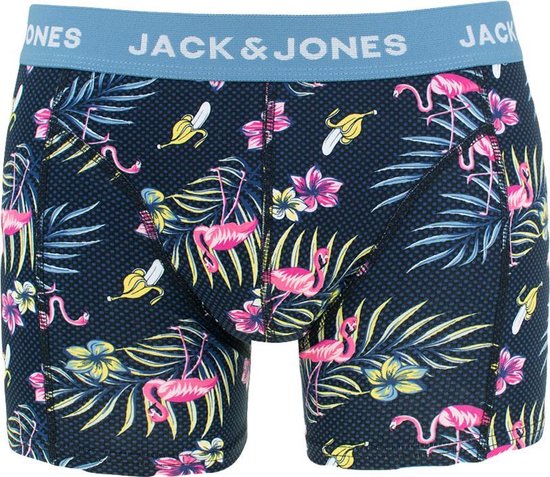 Boxershorts met donkerblauwe print van roze flamingo's, bananen en tropische bloemen. Lichtblauwe tailleband met JACK & JONES logo.