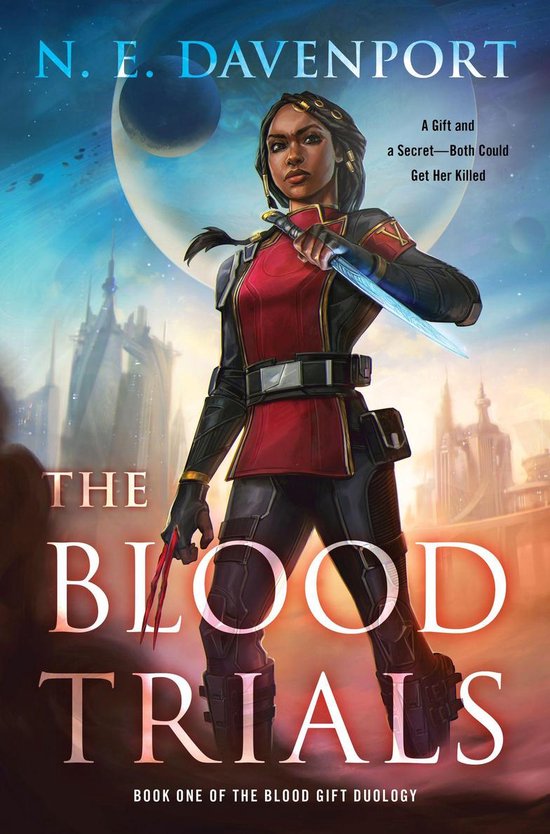 Een vrouw in een rood en zwart futuristisch uniform, met een gloeiend mes in haar hand. De titel 'The Blood Trials' staat prominent op de voorgrond.