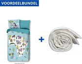 Dekbedovertrek voor Kinderen - Eenpersoons - 140x200/220cm - Inclusief 1 Kussensloop - 100% Versterkt Katoen - Wildlife Aqua + Wasbaar Microfiber Dekbed - 140x220cm - Wit