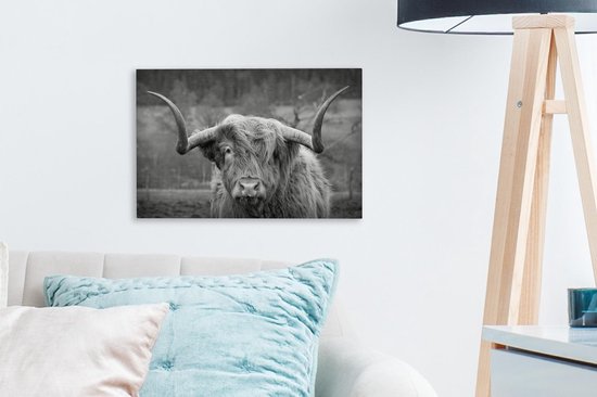 Tableau sur toile Highlander écossais regardant droit dans la caméra - noir et blanc - 30x20 cm - Décoration murale