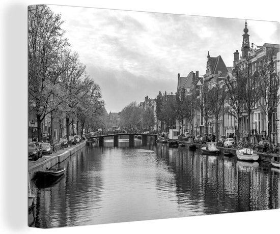 Canvas Schilderij Alledaagse foto van de Prinsengracht van Amsterdam - zwart wit - Wanddecoratie