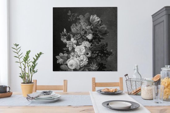 Tableau sur toile Nature morte aux fleurs - Peinture de Eelke Jelles Eelkema - noir et blanc - 90x90 cm - Décoration murale