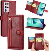 Samsung Galaxy S21 Plus Book case met ritssluiting - Flipcover - Magnetisch - 5 kaarten houder - Rood