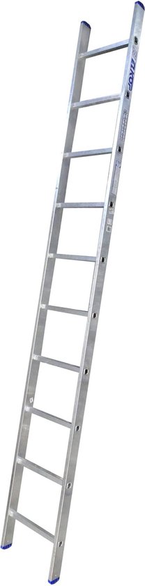 Een lange, smalle aluminium ladder met 10 treden, blauwe voeten en het Alumexx logo.