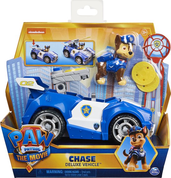 PAW Patrol : La Super Patrouille le film, Voiture avec figurine articulée  Chase Super-Chiots, sons et lumières, jouets pour filles et garçons camion  partir de 3 ans Chase figurine articulée 