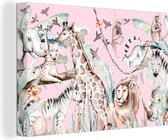 Canvas Schilderij Aquarelverf - Dieren - Jungle - Roze - Meisjes - Kinderen - Kids - 60x40 cm - Wanddecoratie