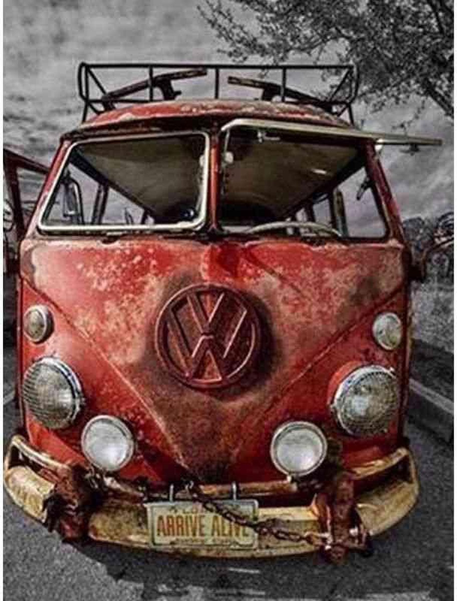 Diamond painting - Rode volkswagenbus met roest - Geproduceerd in Nederland - 60 x 90 cm - canvas materiaal - vierkante steentjes - Binnen 2-3 werkdagen in huis