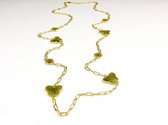 lange zilveren halsketting collier halssnoer geelgoud verguld Model Vlinder en Bol met kaki groene stenen