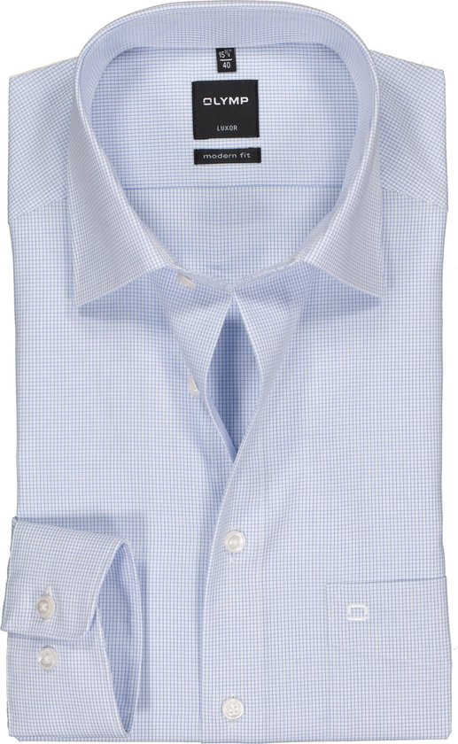 OLYMP Luxor modern fit overhemd - blauw met wit geruit - Strijkvrij - Boordmaat: 48