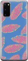 Samsung Galaxy S20 Telefoonhoesje - Transparant Siliconenhoesje - Flexibel - Met Plantenprint - Tropische Blaadjes - Donkerblauw