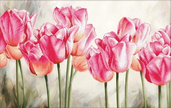 Foto: Borduurpakket pink tulips voorbedrukt needleart world