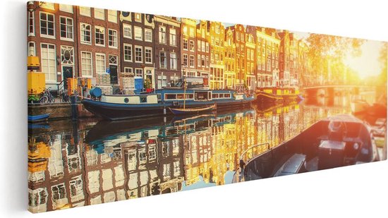 Artaza Canvas Schilderij Amsterdamse Brug - Gracht - Met Bloemen - 90x30 - Foto Op Canvas - Canvas Print