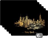 Placemat - Placemats kunststof - New York - Skyline - Goud - 45x30 cm - 6 stuks - Hittebestendig - Anti-Slip - Onderlegger - Afneembaar