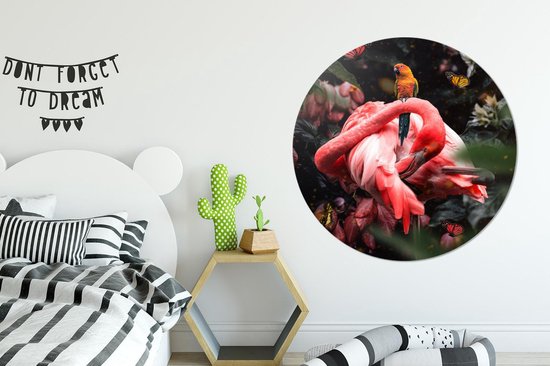 Papier Peint Cercle - Flamingo Rose - Papillons - Jungle - 140x140 cm - Cercle Mural - Auto Adhésif - Autocollant Papier Peint Rond